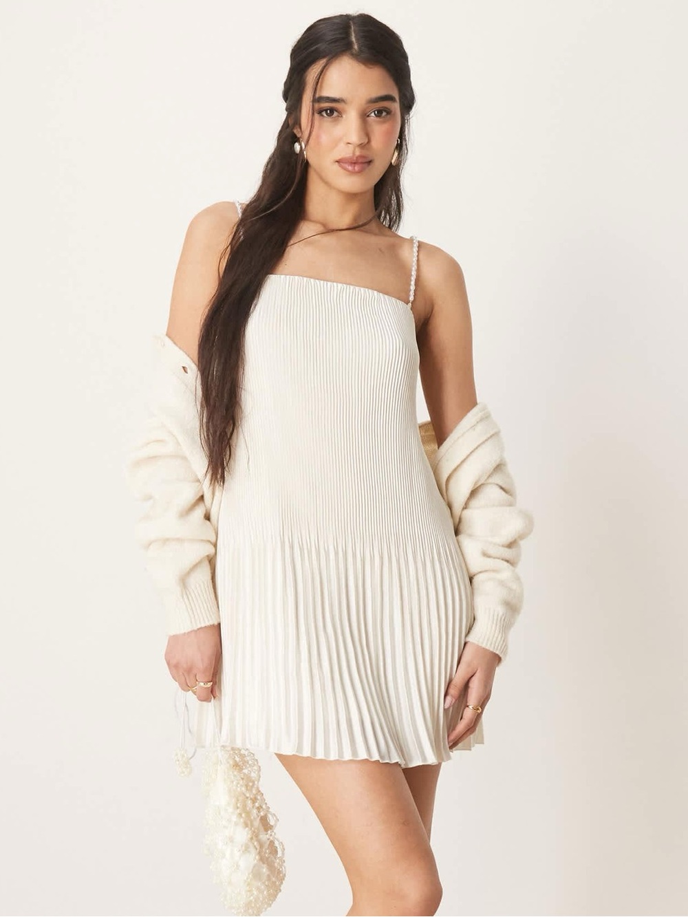 Abercrombie Giselle Faux Pearl Pleated Release Mini Dress Ivory Satin - Picture 3 of 9